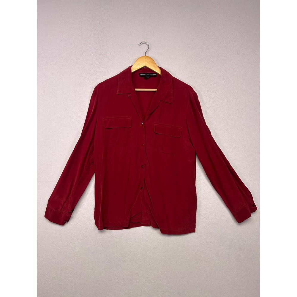 Minimalist Luxury Josephine Chaus Women 12 Red 100% Silk Button Up Utility Shirt